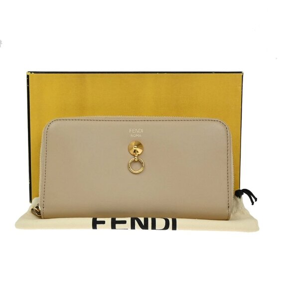 FENDI By The Way Logo Long Zip Around Wallet Leather Beige Italy 238-082025 - Picture 1 of 16